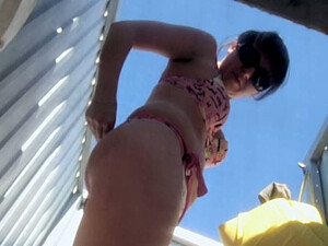 Lovely Busty Brunette In Sunglasses Filmed Bottomless On Spycam