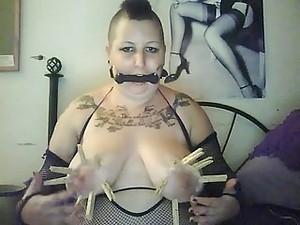 Sexy Goth BBW In Fishnets Butt Plug And Self Tit Torture
