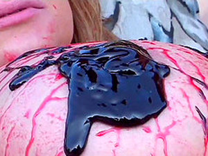 Couple Covered In Strawberry And Chocolate Sauce Fucks Outdoors
