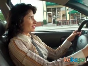Horny Brunette Woman In The Car